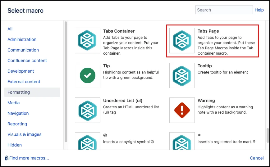 Tabs Container macro selected in the Confluence Macro Browser