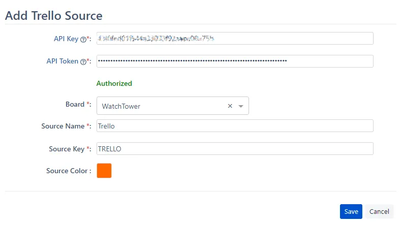Image of the Add Trello Source screen form fields filled