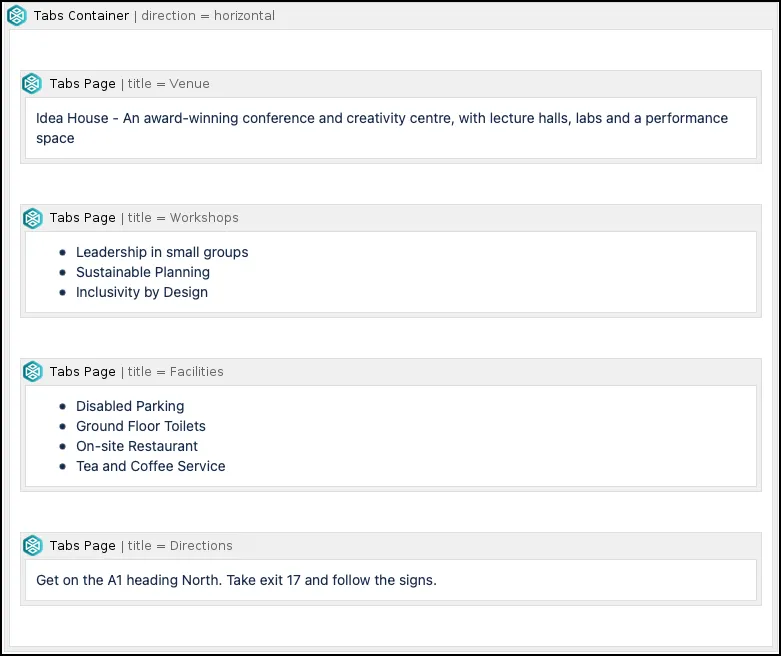 Example Tabs Page macro showing multiple tab placeholders inside a Tabs Container in Confluence