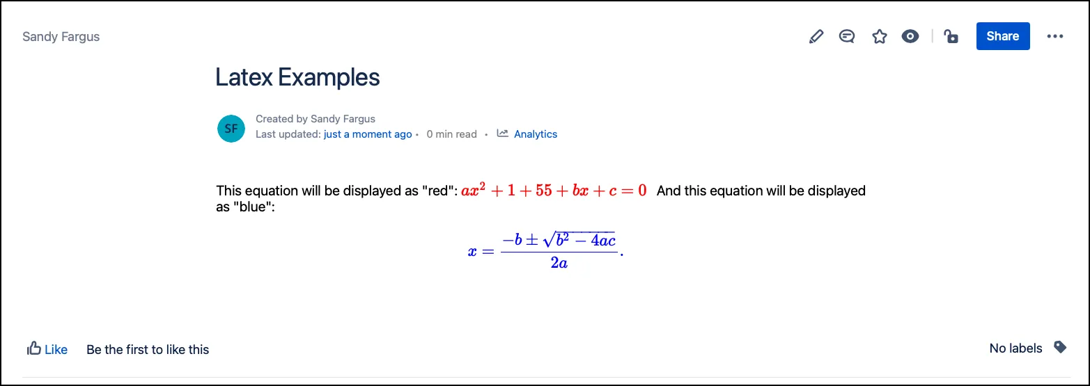 Confluence page displaying a published LaTeX macro with rendered mathematical equation content