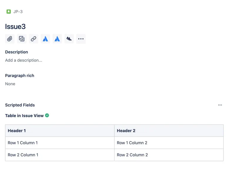 Example of a rendered ADF table with two column headings and two data rows in the work item view.
