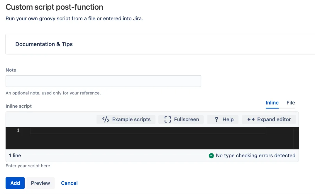 Custom Script Post Function dialog showing the selected post function configuration in Jira
