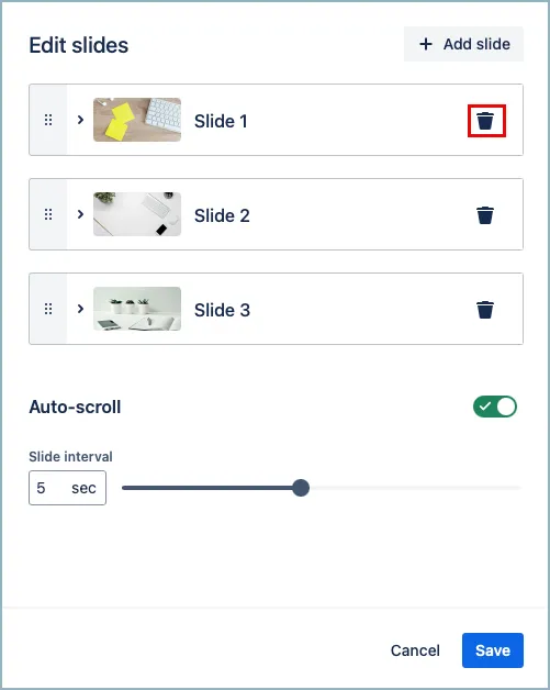 Trash can icon next to a slide in the interface used to delete the slide