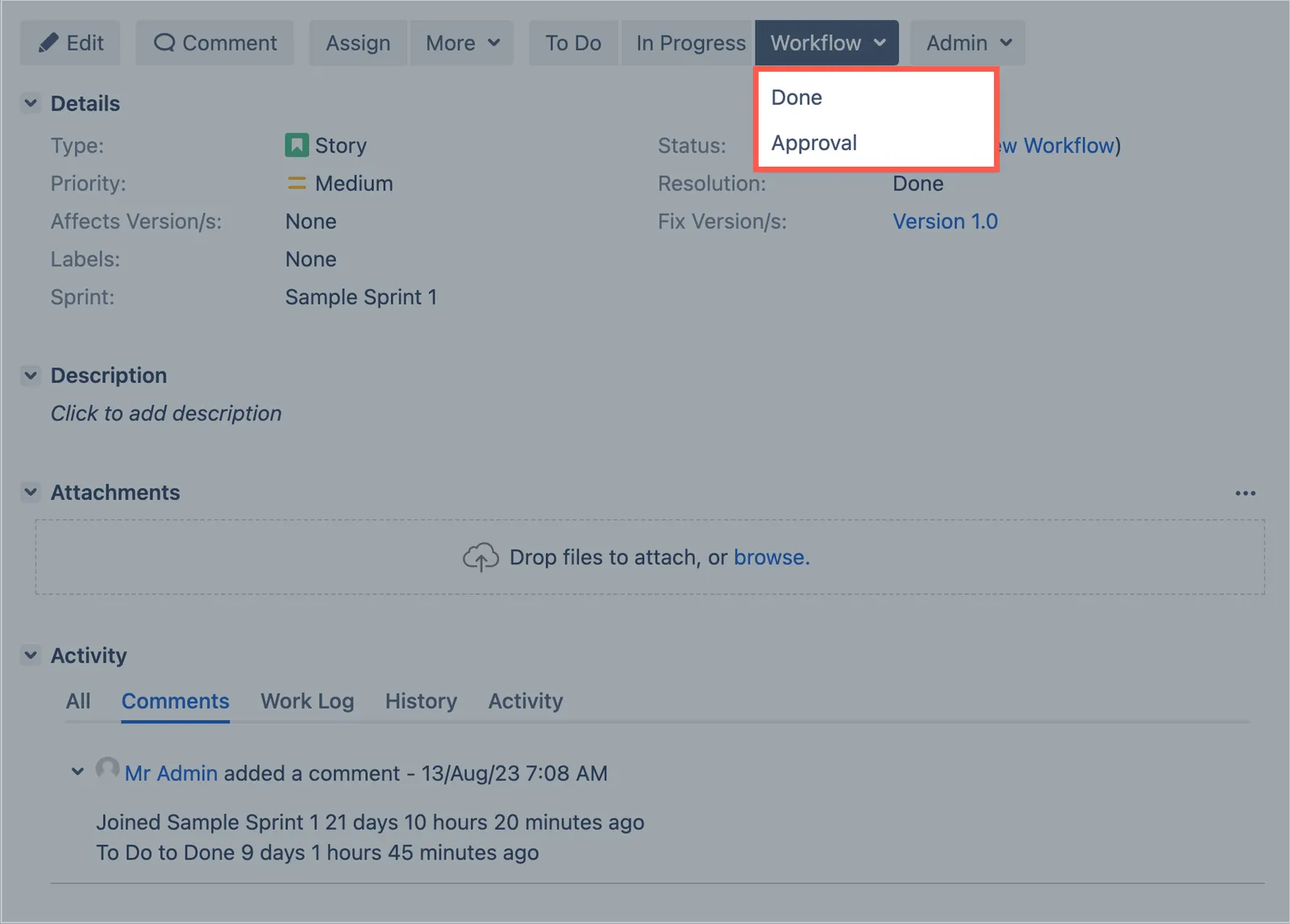 Issue page Workflow tab showing the transitions-all fragment location