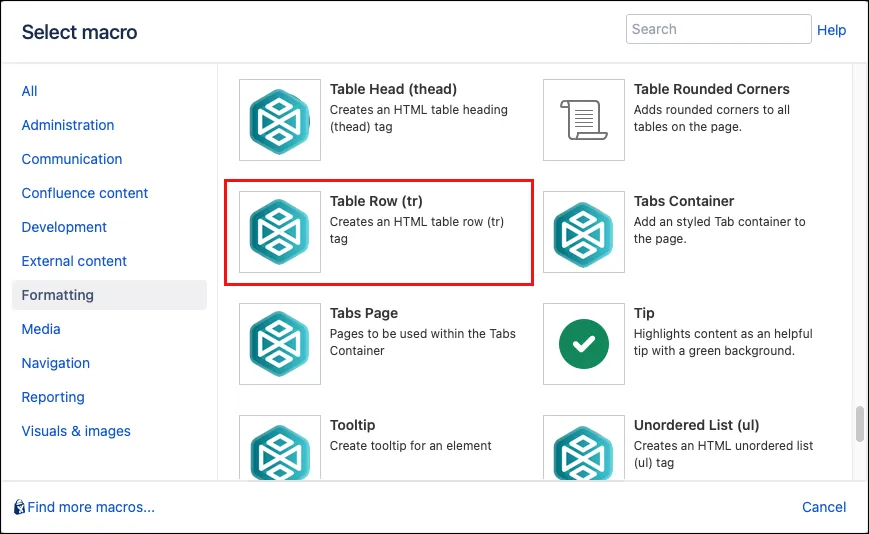 Table Row macro added inside the HTML Table macro body in the Confluence editor