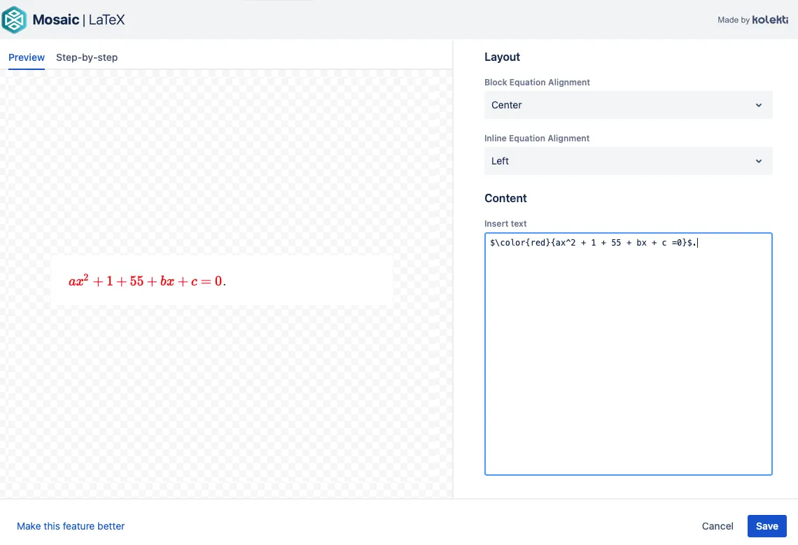 LaTeX editor with red text example