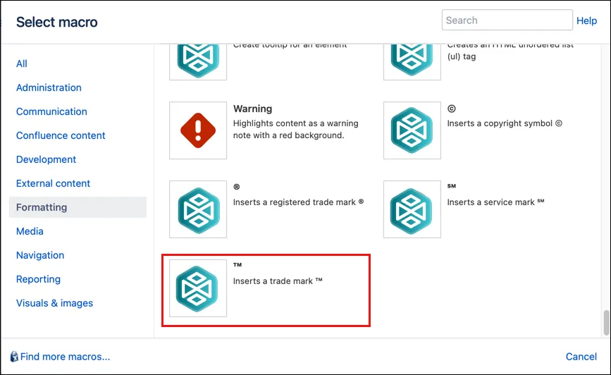 Macro Browser showing the TM macro selected