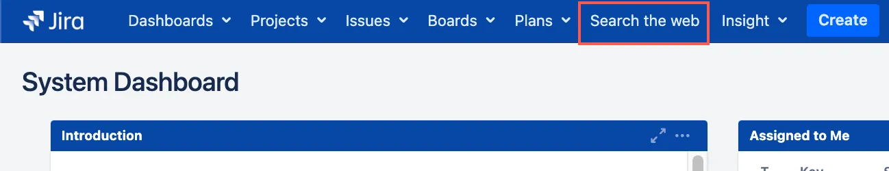 Confluence dashboard navigation bar showing a Google link added as a custom web item
