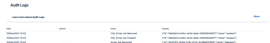 An example Audit Logs screen.