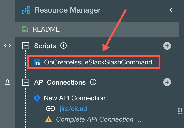 The OnCreateIssueSlackSlashCommand script in the Resource Manager.