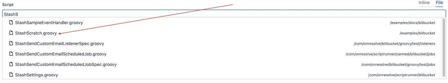 An example search, with "StashScratch.groovy" emphasized as the option to select.
