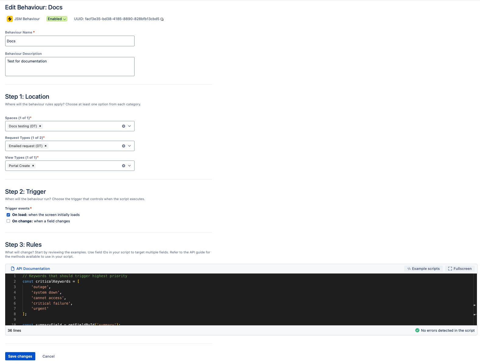 Edit Behaviour screen showing configuration options for spaces, work types, and behaviour settings.