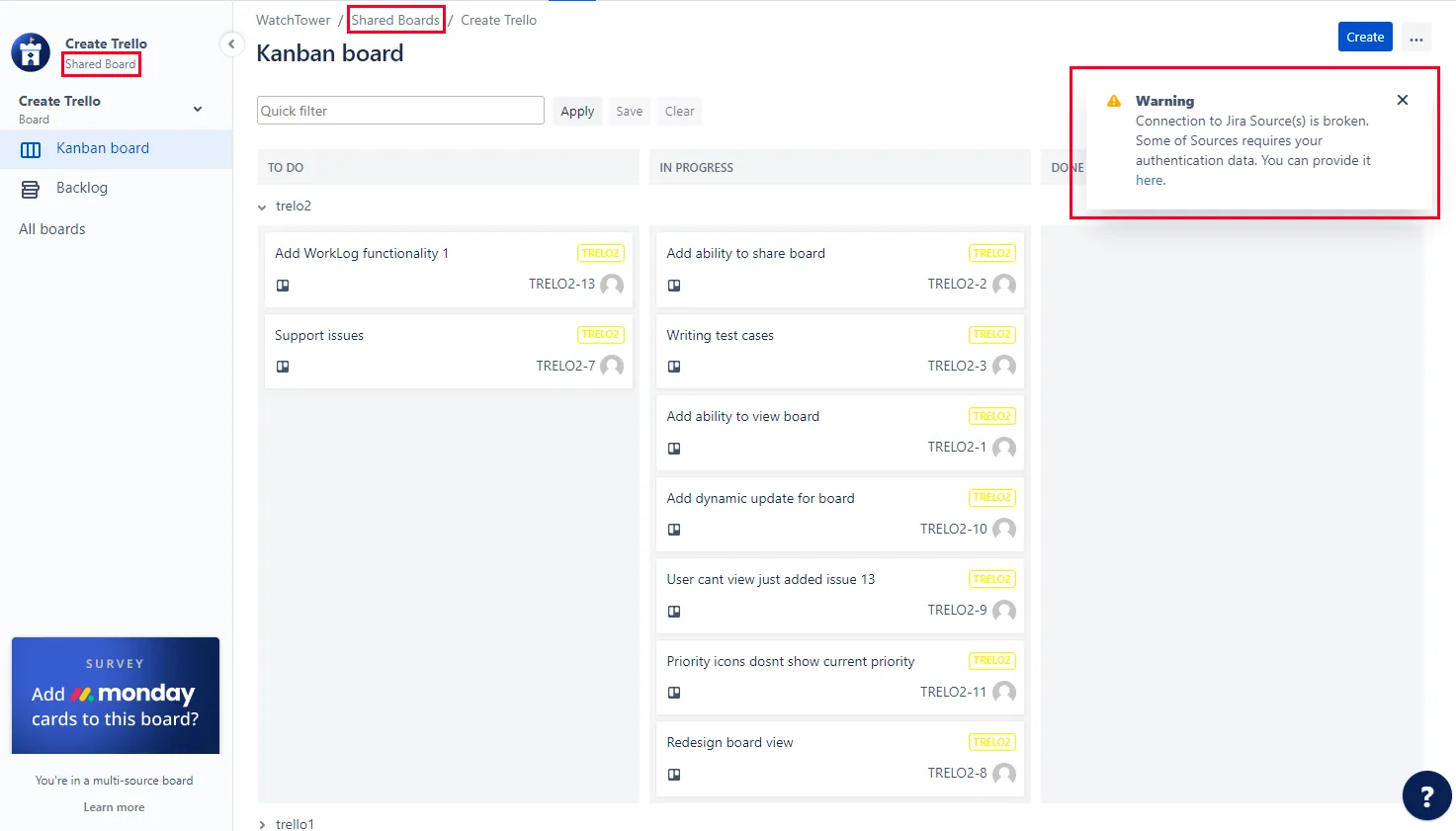 Image of a Kanban board with share options highlight