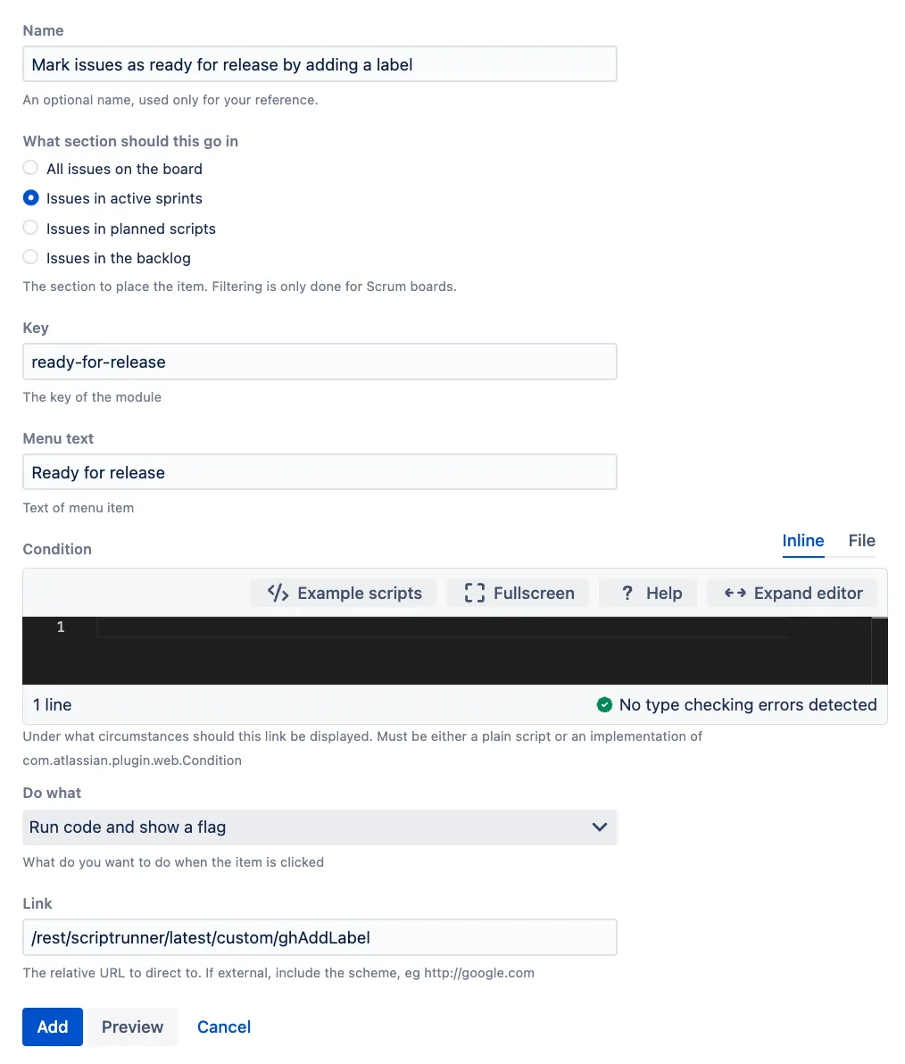 Example configuration of a Planning board context menu item in the ScriptRunner Create Fragment form