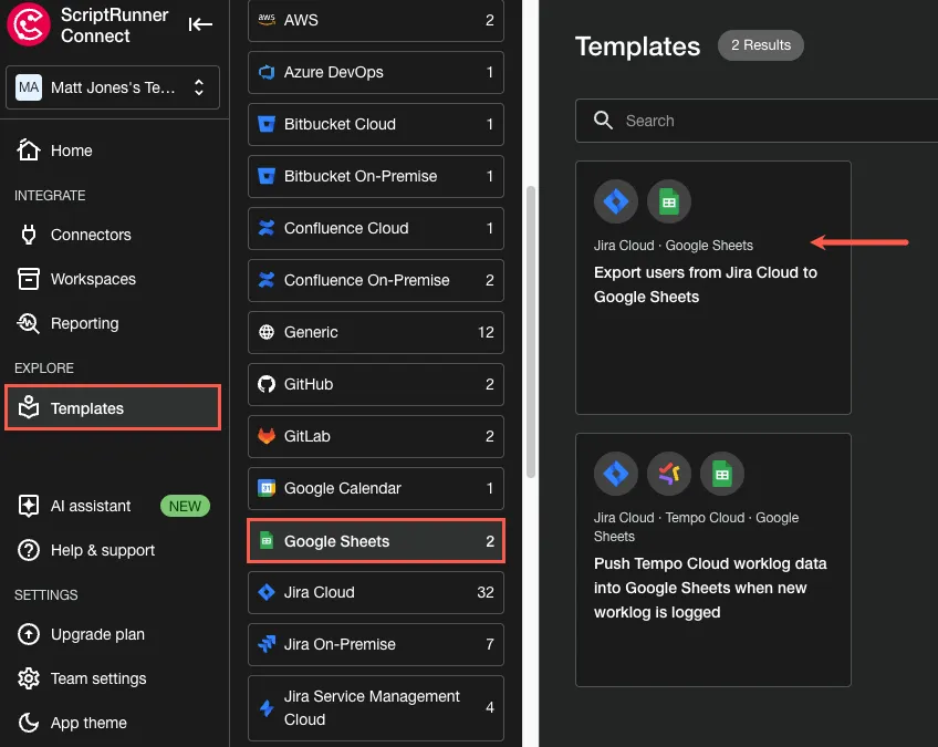 A screenshot highlighting the path from Templates, to Google Sheets, to the Export users from Jira Cloud to Google sheets option.