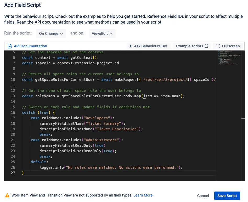 Script editor showing the Make Fields Editable for a particular role example script pasted into the Add Field Script window