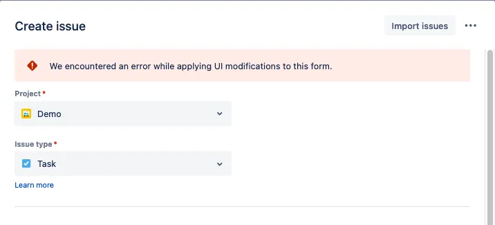 Error message displayed on the Create Issue screen when a behaviours script fails to run due to an incorrect value type