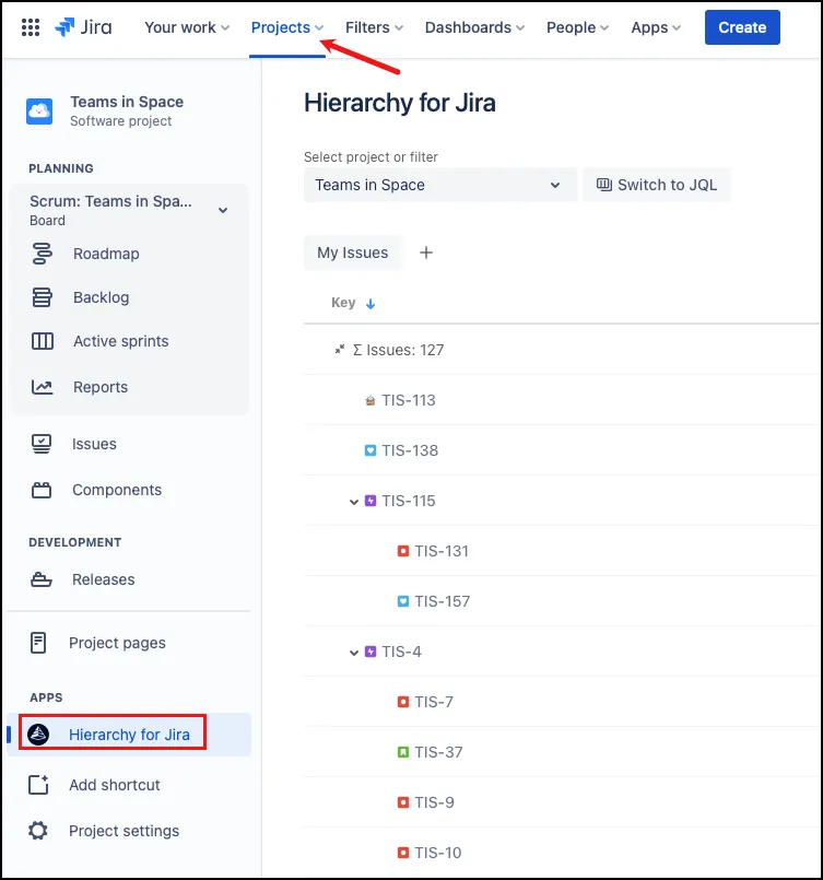 Jira project page showing the project navigation and version selection options
