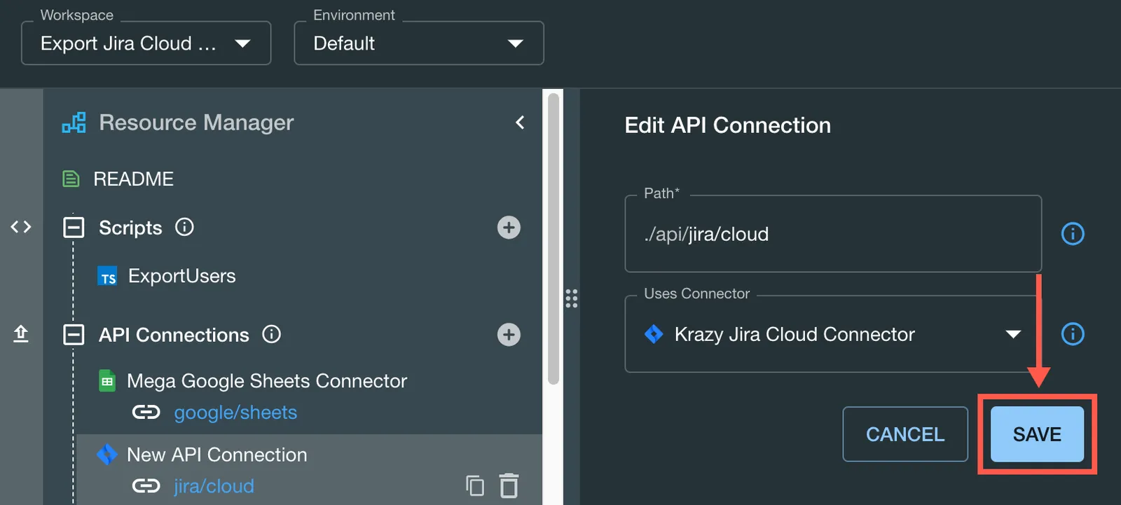 The Save button shown in the Edit API Connection dialog.