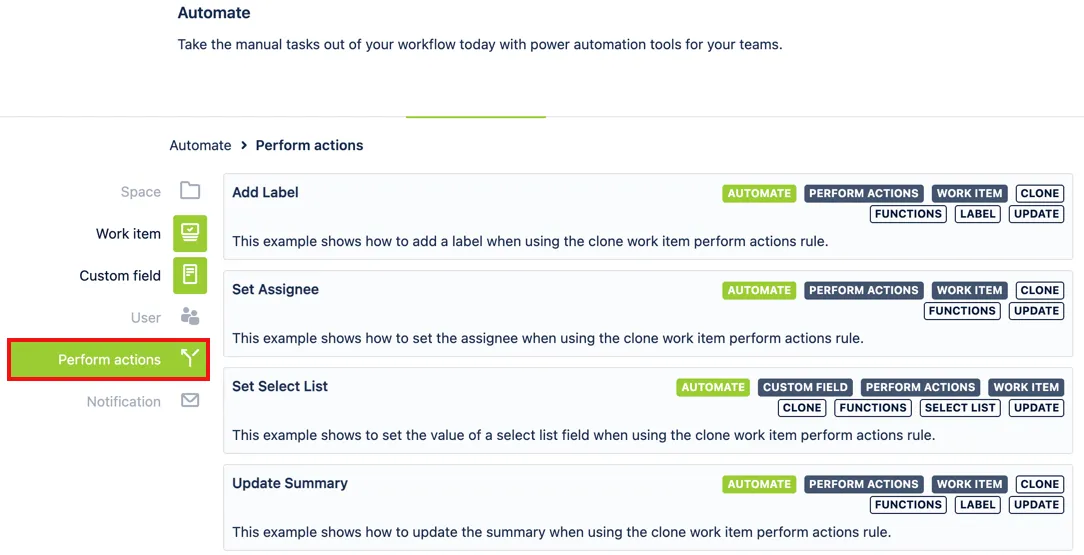Screenshot of the browsing function showing results once the Automate and Perform actions filters applied.