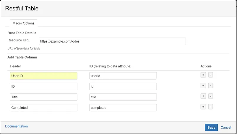 Screenshot of the Restful Table macro configuration panel showing available parameters and options.