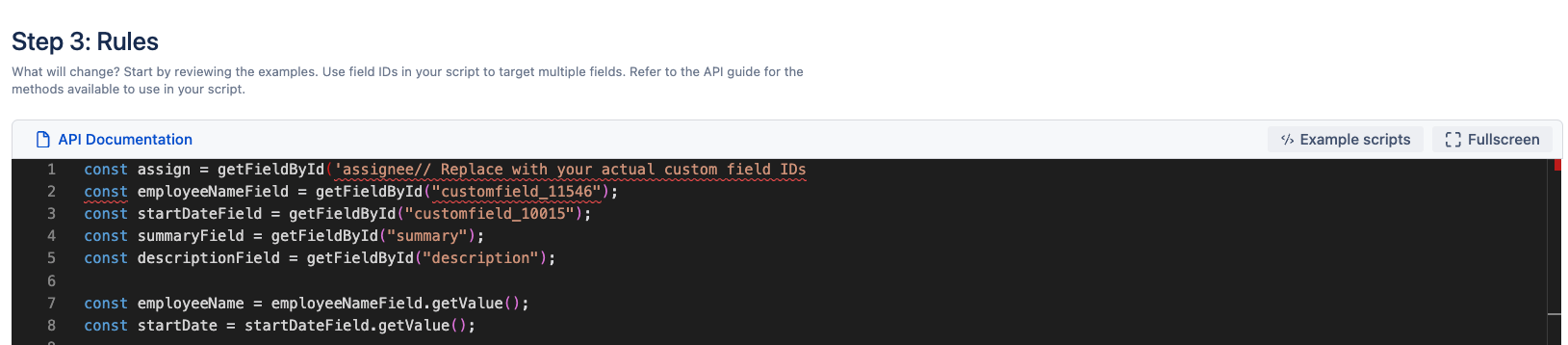 Example of the behaviour script pasted into the Step 3: Rules script editor