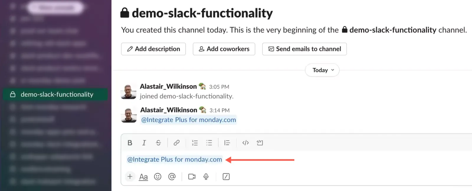 User enters "@Integrate Plus for monday.com" into the Slack channel to add the bot