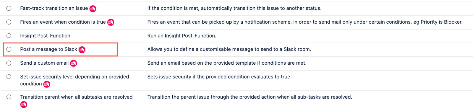 Post a message to Slack post function selected.