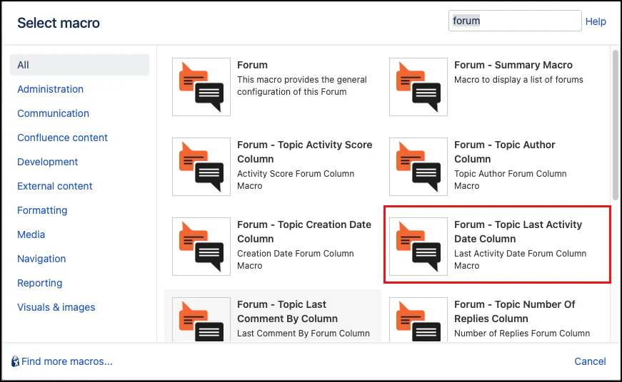 Forum macro configuration dialog showing the Topic Last Activity Date Column macro highlighted in the macro selection menu.