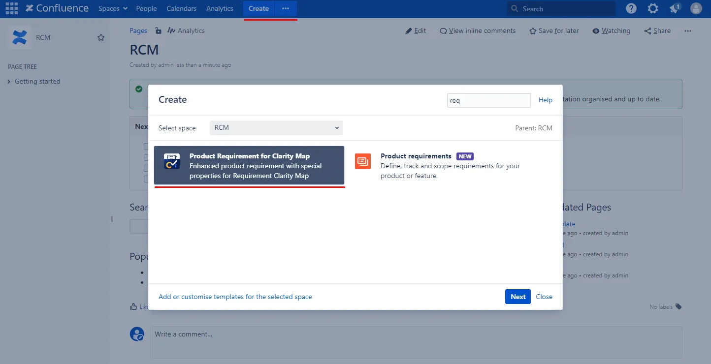 Menu options for adding a Product Requirement for Clarity Map next to the Create button