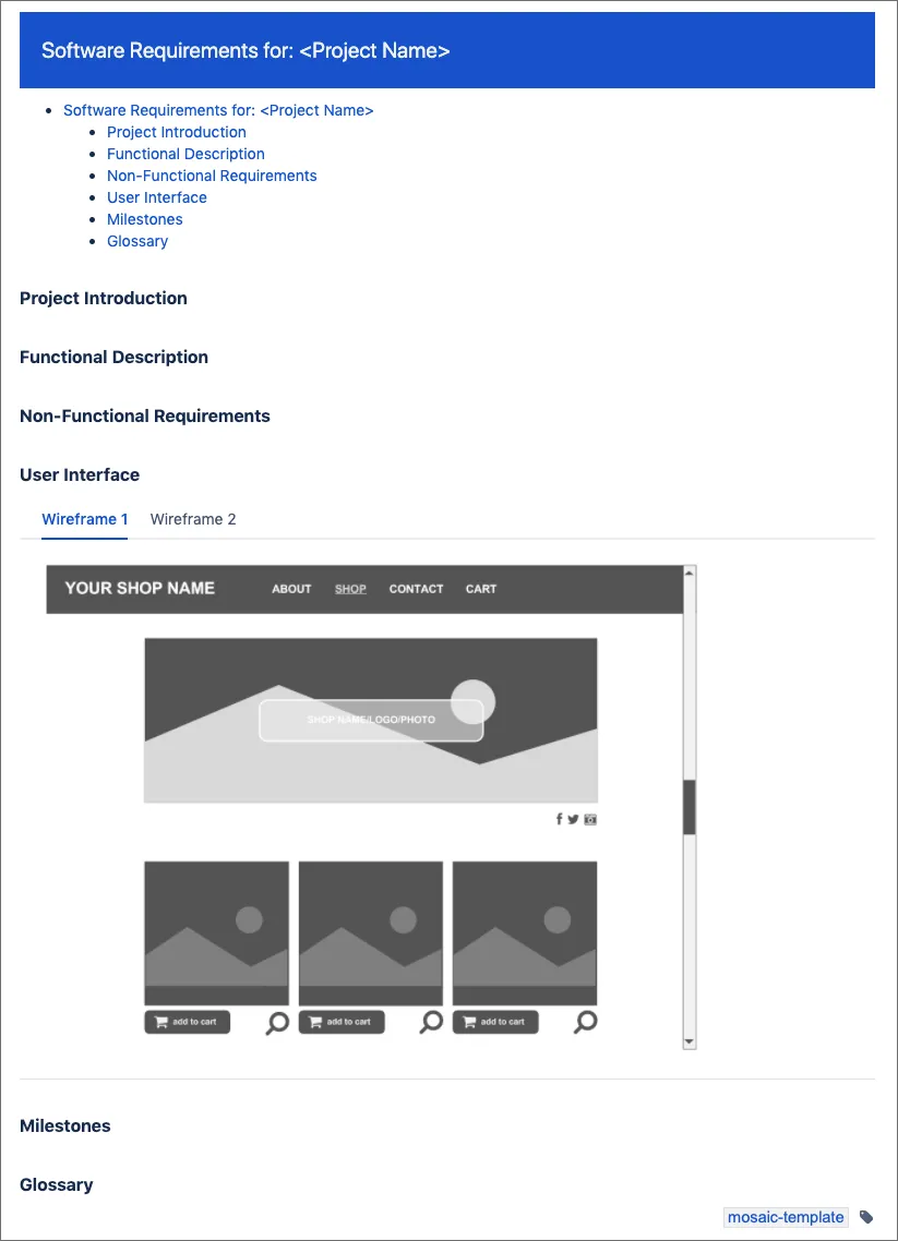 Preview of the software requirements template showing the layout and structure of requirement fields