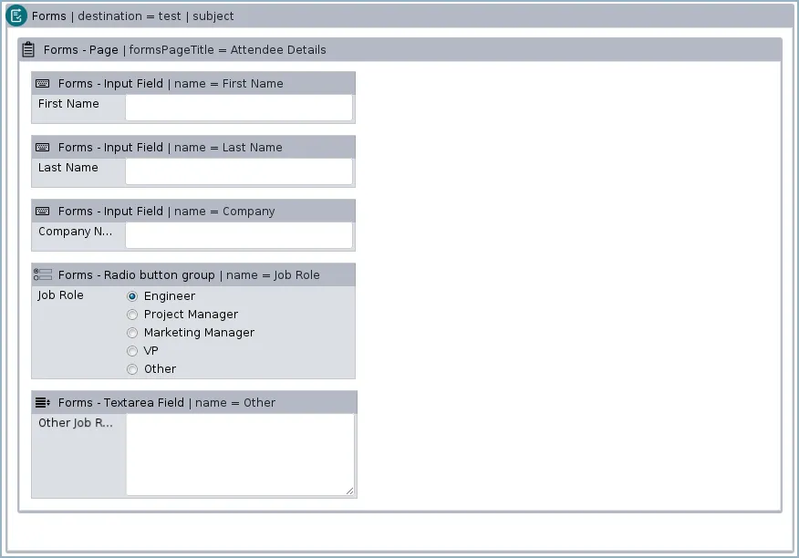 Example form showing multiple question types added with field macros