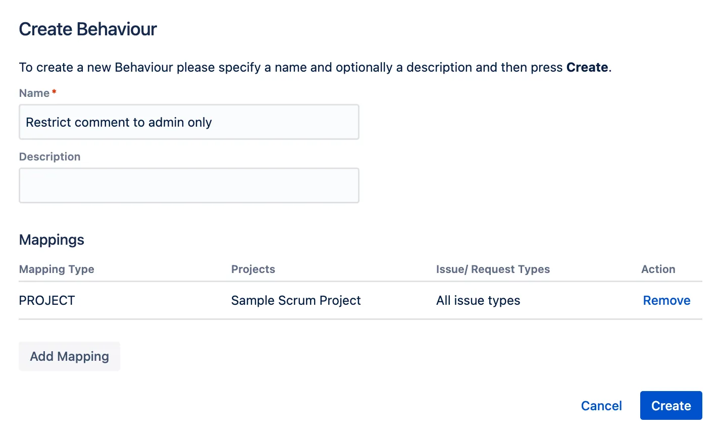 ScriptRunner Behaviours screen after creating a behaviour