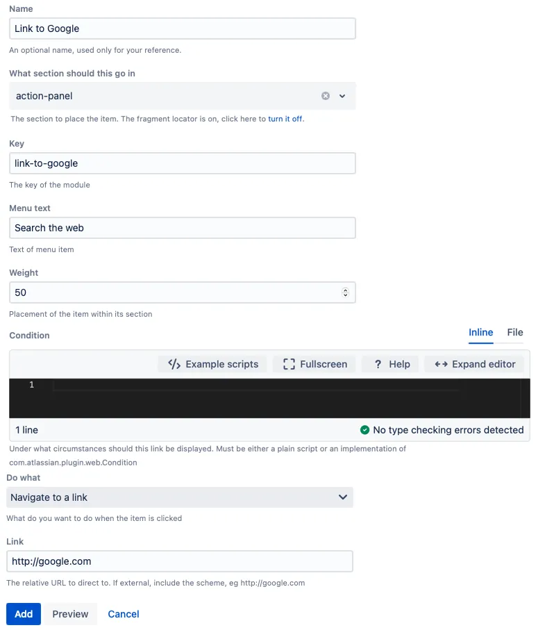 A web item form with the example configuration details.