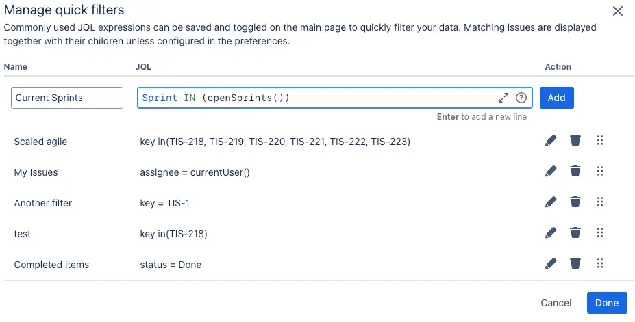 A screenshot showing how to create a new quick filter in the Manage Quick Filters modal window.
