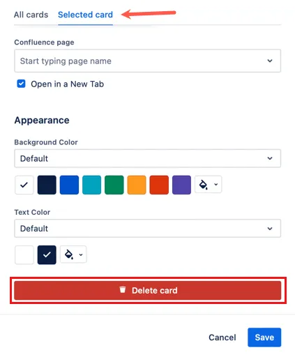 Delete card button at the bottom of the Selected card tab.