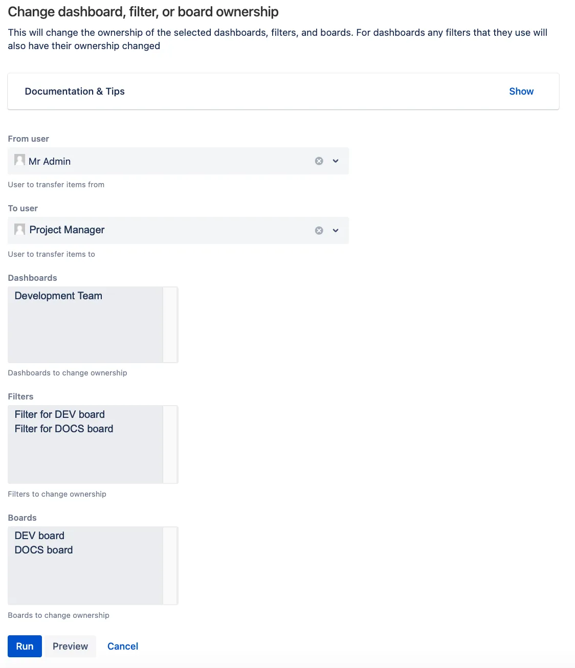 Image of the Change Dashboard, Filter, or Board Ownership built-in script