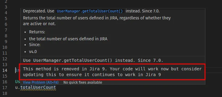 Example of upgrade checker warnings showing deprecated and removed Jira and Bitbucket APIs