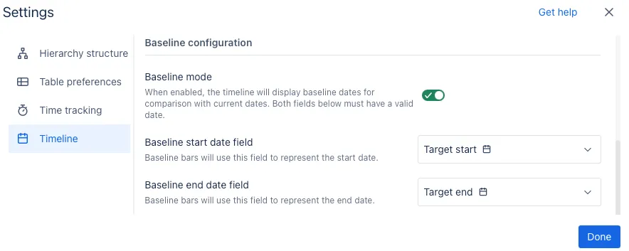 A screenshot of the Timeline settings page showing the Baseline mode toggle and the Baseline start and end date field dropdowns.