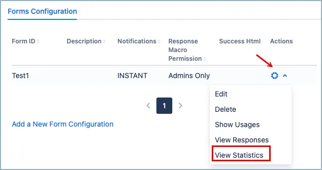 Forms for Confluence statistics page showing the cog menu and View Statistics option for a selected form