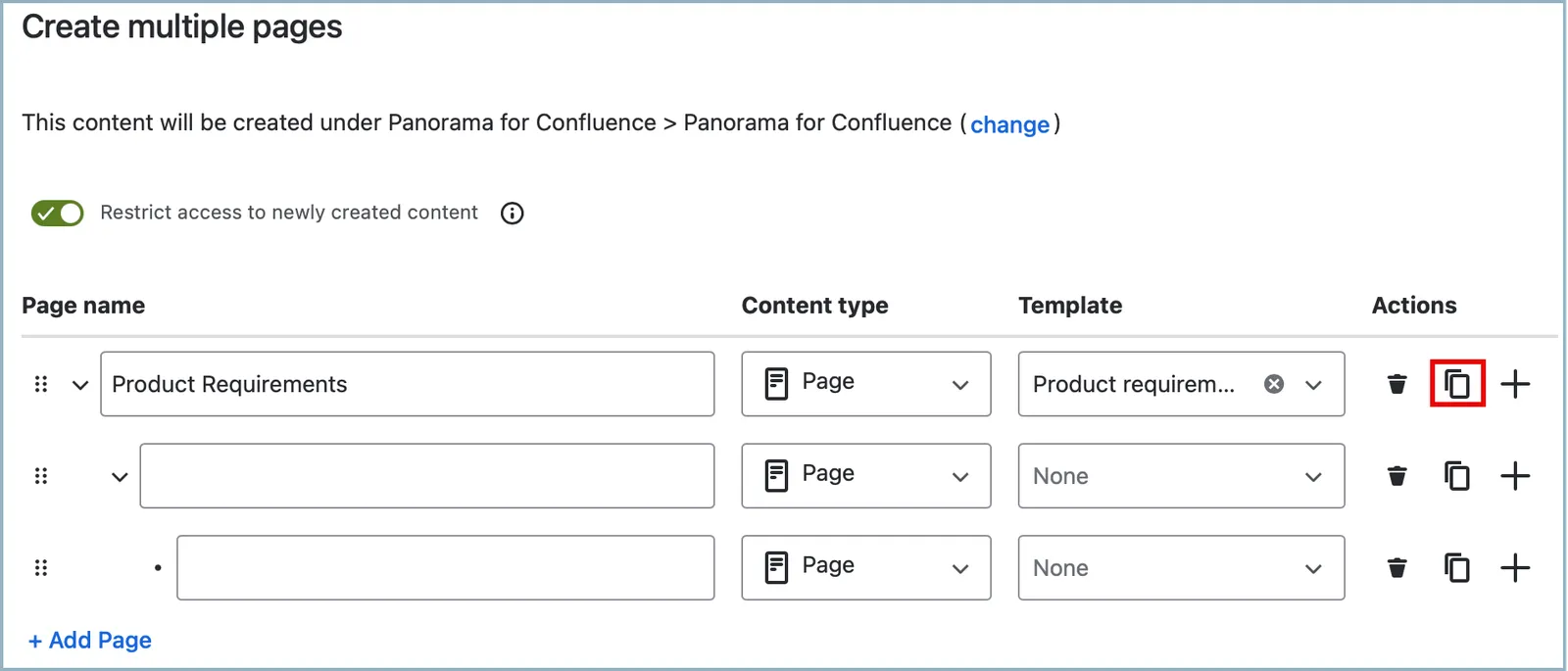 Copy page button highlighted in the Create multiple pages window.