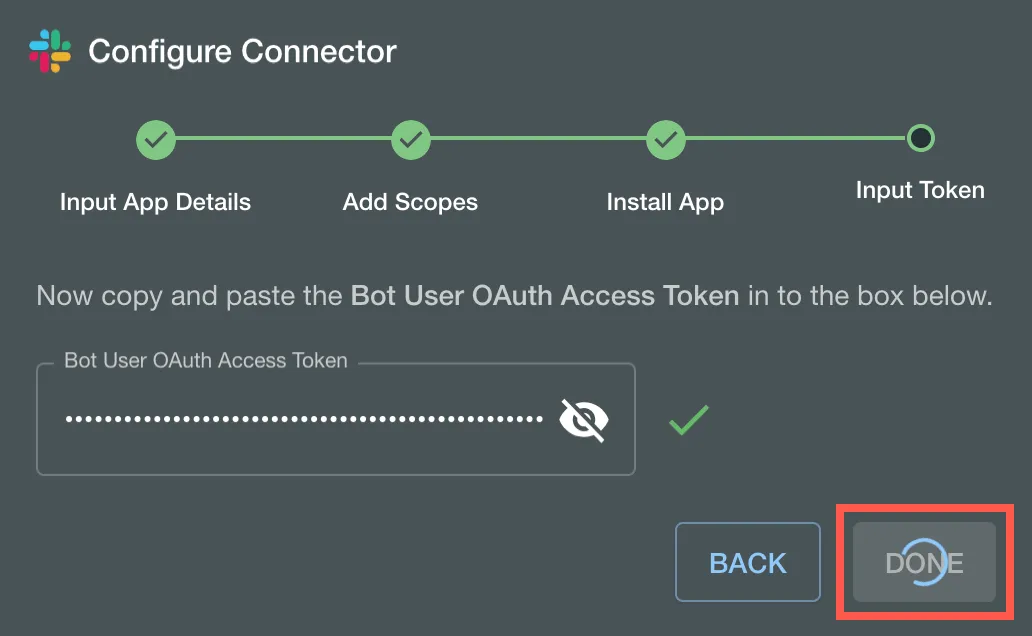 The Done option highlighted in the Configure Connector wizard.