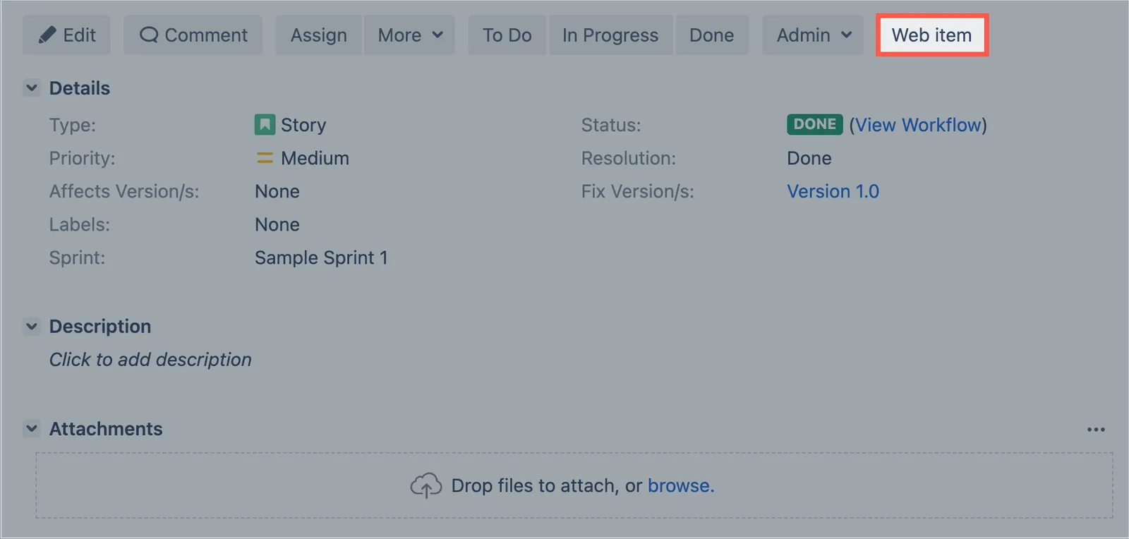Issue page with Web item button highlighted