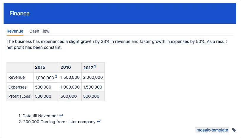 Preview of a finance template showing the layout and fields as they will appear when used