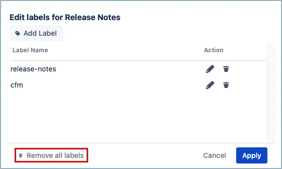Page labels list with Remove all labels option highlighted