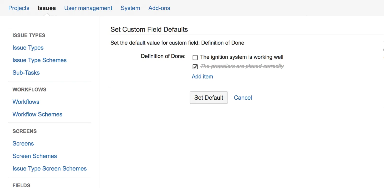 Checklist Custom Field default values dialog showing multiple checklist items selected as defaults