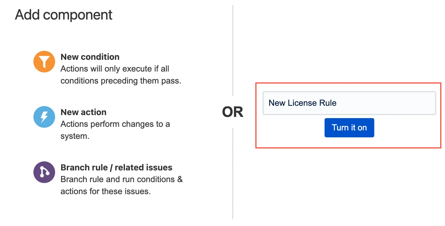 Automation for Jira rule details screen showing the New License Rule automation named and turned on