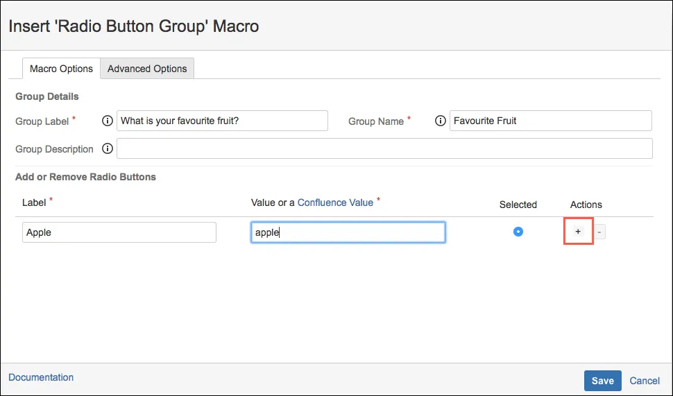Radio Button Group macro configuration showing multiple radio button options with a plus (+) button to add additional options