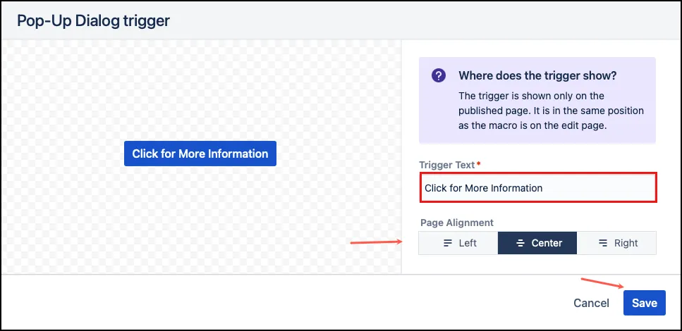 Pop-up Dialog macro configuration screen showing the Save button selected.