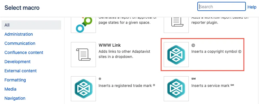 Macro Browser showing the Copyright macro listed as © with the macro details panel